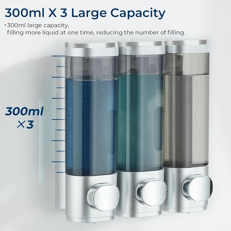 pollock Shampoo and Conditioner Dispenser, Shower Soap Dispenser 3 Chamber No Drill, Wall Mounted Shampoo Body Wash Conditioner for Bathroom Large Capacity Silver - Image 2